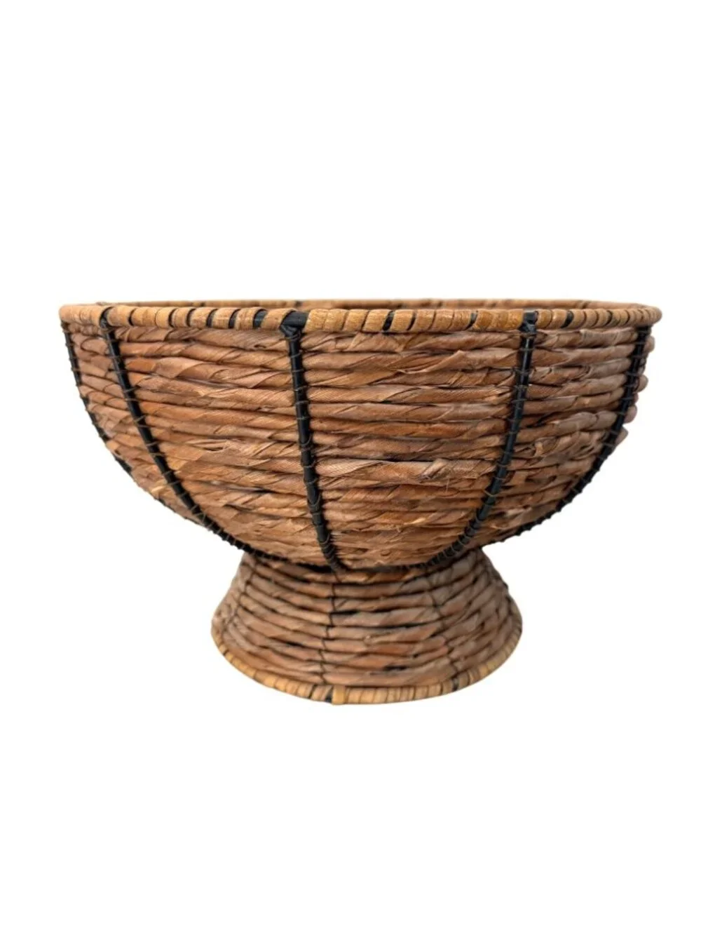 Vintage Rustic Wicker Pedestal Bowl Boho Rattan Footed Centerpiece Basket